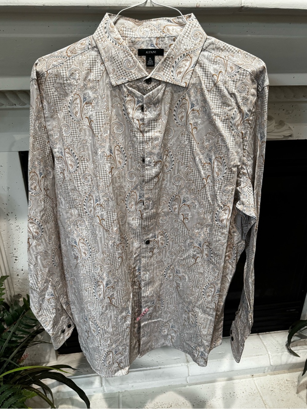 Alfani Men's Beige Paisley Button-Down Shirt with Subtle Gold Accents
